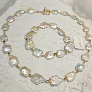 Set04-U R MY SUGER Pearl Jewelry Set Baroque Square Shape Freshwater Pearls Necklace with Gold Plated OT Clasp and Stretchy Bracelet Set Pearls with Flora Cluster