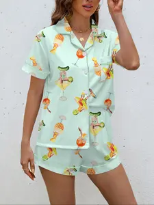 Women's Bottom Cup Cucumber Pineapple Beer Fruit Print Pajama Sleepwear Set, Casual Short Sleeve Top & Loose Elastic Pants, All Seasons