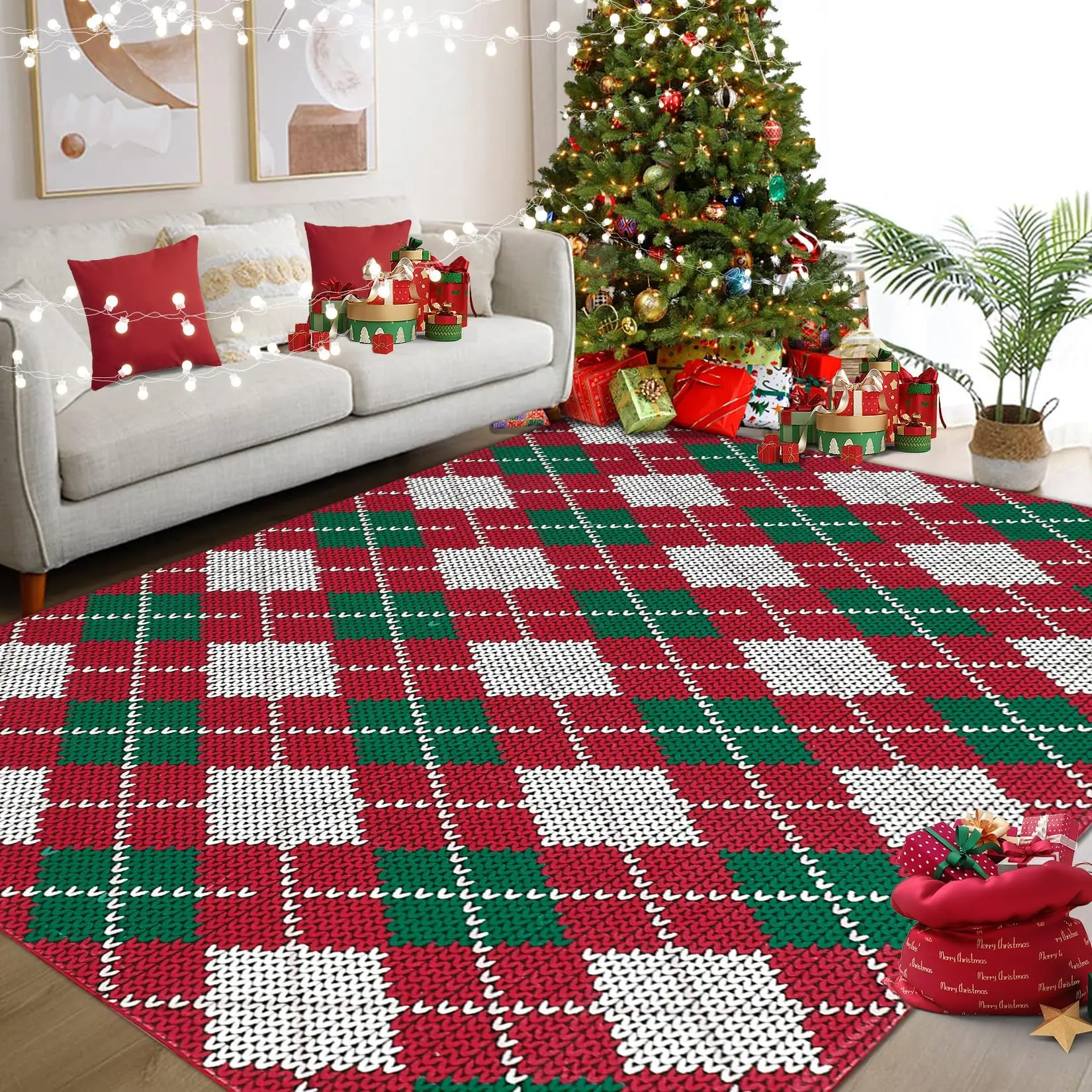 Red Christmas Area Rug - Non-Slip Washable Low Pile Carpet with Soft Geometric Plaid Print, Festive Holiday Decor Rug for Living Room Bedroom Dining Room