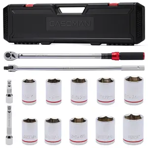 CASOMAN 14 PCS 1/2 Inch Click Torque Wrench Set,22.2-244.2 FT.-LB/30-330 Nm, ±3% Accuracy, 72-Tooth Dual Scale Torque Wrench Kit, with Breaker Bar & Extensions & Sockets, for Automotive Tire Repair