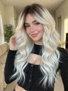 22 Inch Dark Root to Blonde Body Wave Synthetic Wig, Medium Length Curly Hair, All Seasons, Synthetic Material Wigs, Synthetic Fiber Wig