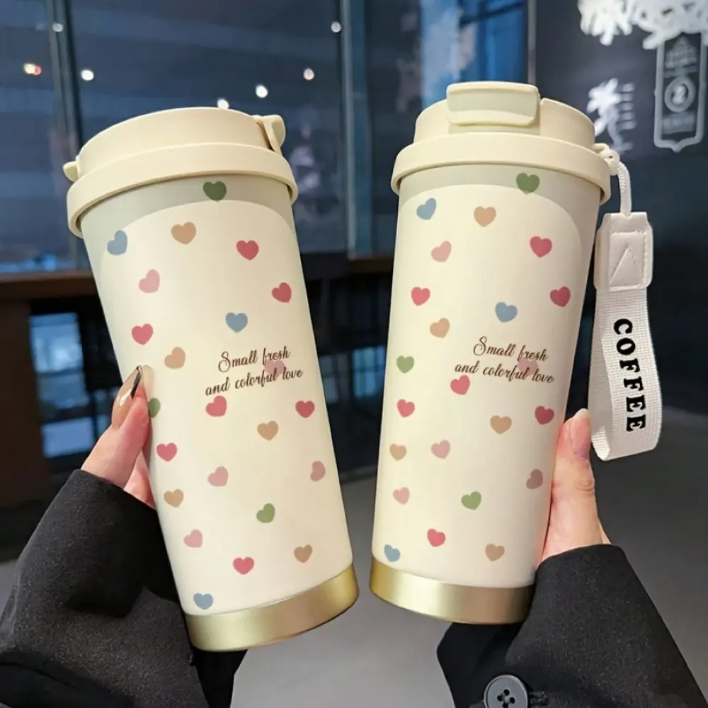 Pastel Heart Stainless Steel Insulated Coffee Tumbler with Straw Handle Strap Leakproof Travel Mug Hot Cold Cup