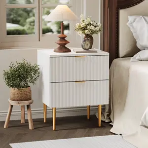 2 Tier Fluted Nightstand with Drawers, Wood Nightstand Set of 1/2 with Golden Handle&Leg, Night Tables Bedside Tables for Bedroom Living Room