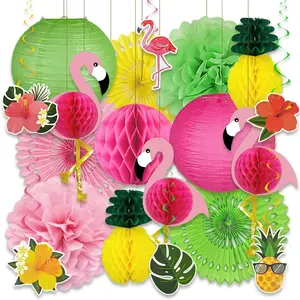 KAXIXI 19Pcs Luau & Hawaiian Party Decorations, Flamingo Tropical Supplies with Paper Fans, Pineapple Honeycombs, Hanging Swirls for Birthday, Summer Bache