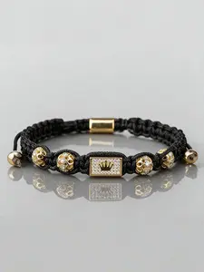 Adjustable Braided Men's Bracelet with Micro Crown Cz Beads, Women's Bangle Jewelry Gift for Holidays & Valentine's Day, Fashionable Bracelet