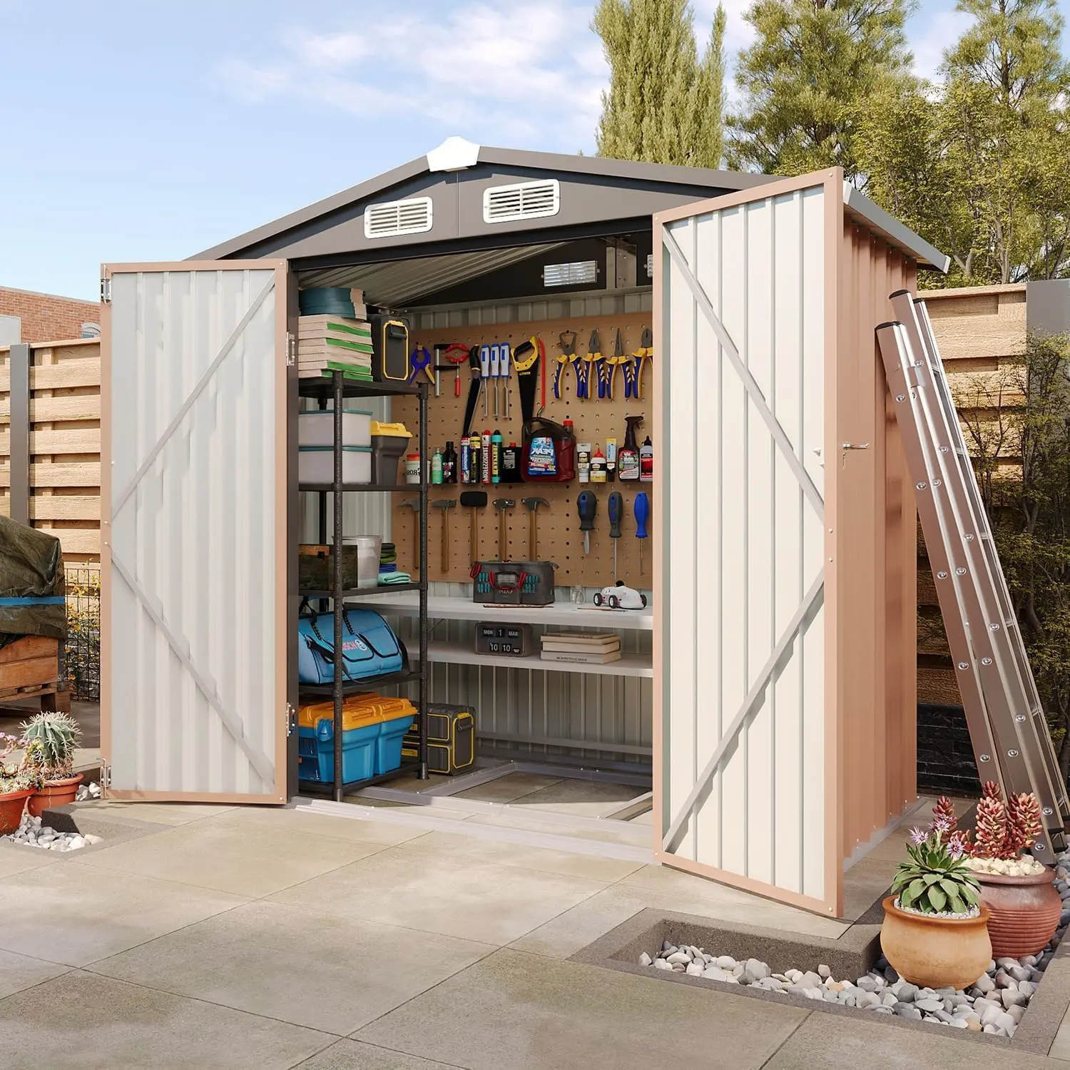 Aoxun 6'x4' Outdoor Metal Storage Shed Enclosure Garden Building with Lockable Door, Base Included, Brown - Ideal for Tools, Garden Equipment (Patio Placement Perfect), Enclosure Garden Buildings