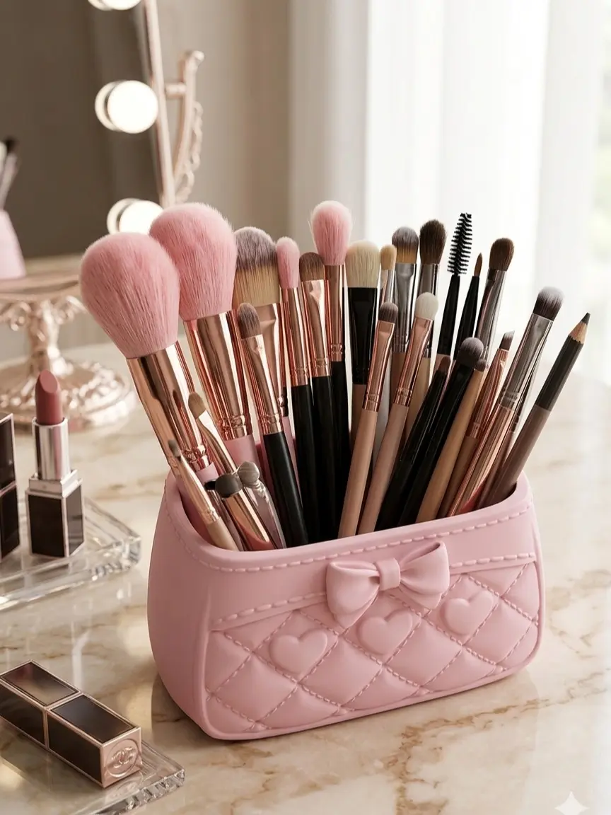 3D Printed Quilted Purse Makeup Brush Holder, Girly Heart and Bow Desk Stand, Pastel Pink Aesthetic Cosmetic Organizer Cup Gift