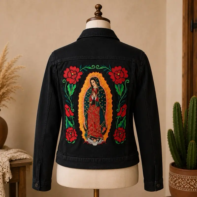 Embroidered Black Denim Jacket for Women | Mexican Floral Rose Jacket | Handmade Boho Western Jacket | Mexican Inspired Fashion Gift