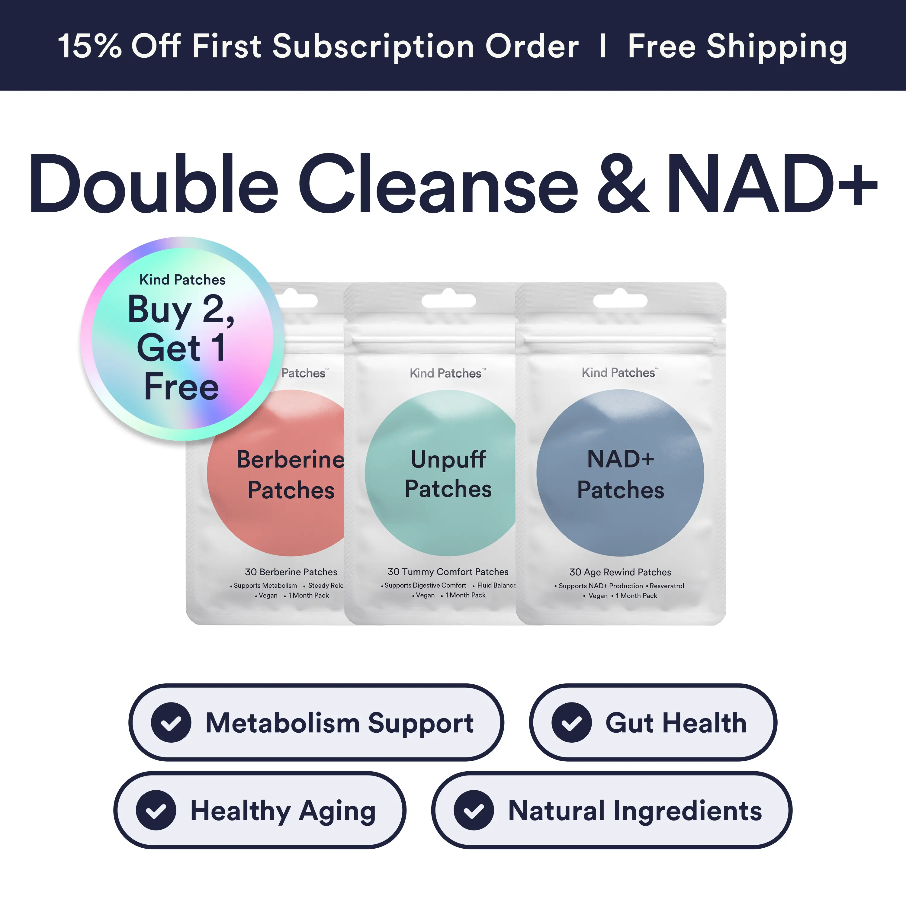 Double Cleanse & NAD+ Bundle, Berberine Patches + Unpuff Patches + NAD+ Patches, Metabolism Support, Healthy Aging, Gut Healthy, Debloat, Vegan, Natural Ingredient, 3 Months Supply
