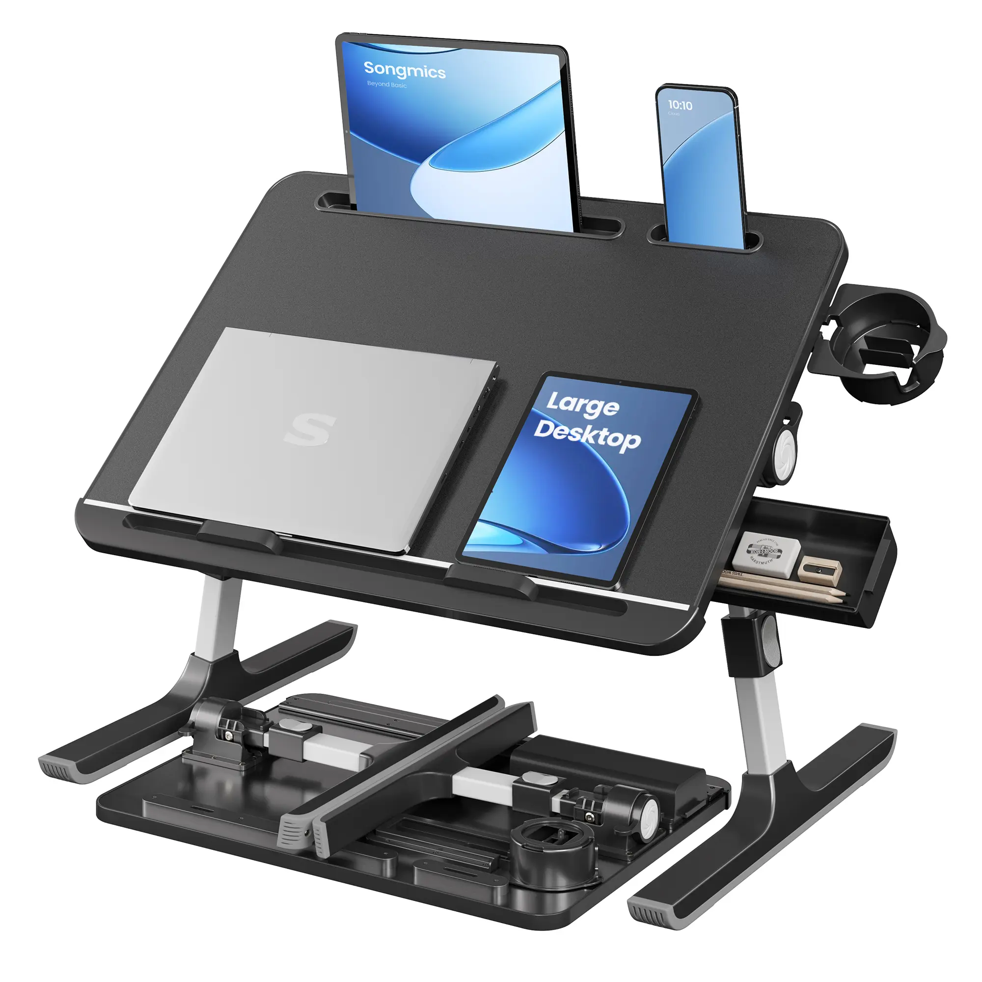 SONGMICS Bed Laptop Desk, Foldable Bed Desk for Laptop, 15.7 x 22 Inches Large Desktop, 120° Stepless Tilt, Adjustable Height, Cup Holder, Tray, Portable Bed Sofa Table