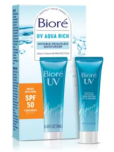 MINI Biore Skincare UV Aqua Rich SPF 50 Facial Moisturizer + Primer, Hyaluronic Acid, Lightweight & Moisturizing Cream, No White Cast