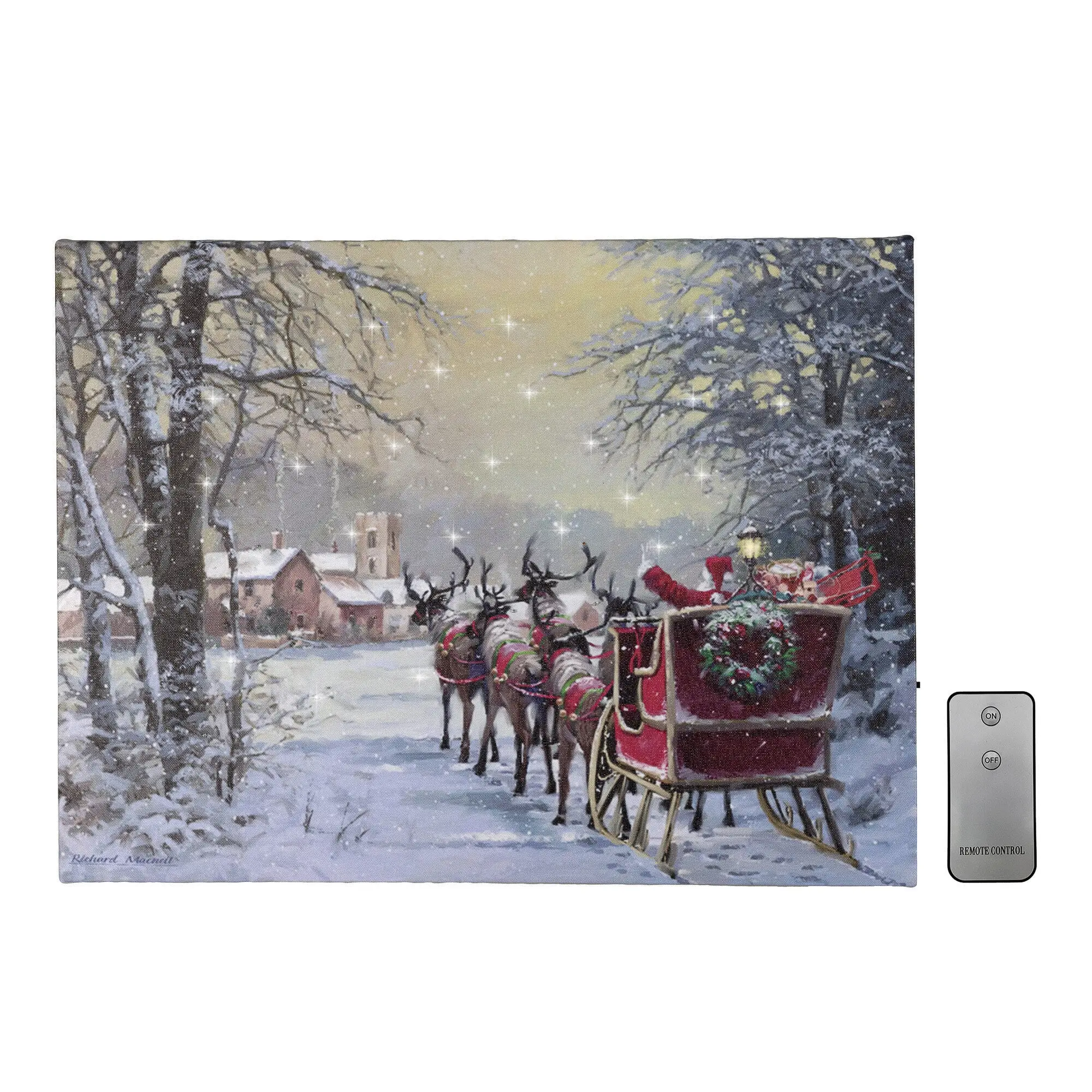 LumaBase Santa's Sleigh Ride Lighted Canvas Wall Art - Full Color Printing, LED Warm White Lights, Remote Control, Easy Installation Decorative Artistic Home Decor Products for Christmas Indoor Use, Led Lights