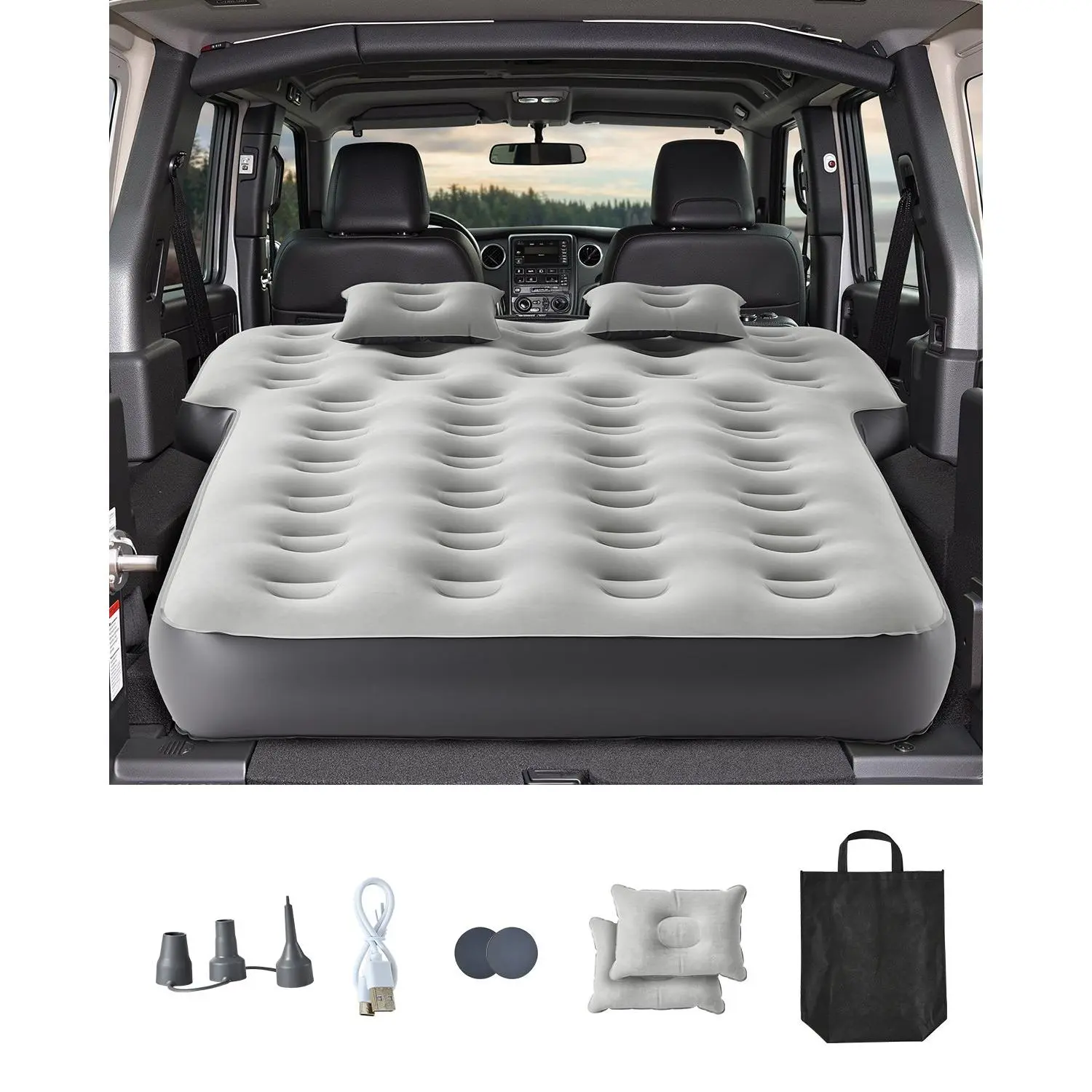 【Summerfinds】VEVOR Inflatable Airbed - 570lb Capacity, Flock Fabric, Built-in Pump, 2 Pillows, Portable Thick Sleeping Pad for Toyota 4runner, Jeep Wrangler, Gray Camping Equipment
