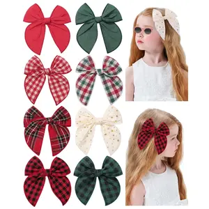 L-BN019   8PCS 5.5" Christmas Baby Girls Hair Clips Fable Hair Bows Cotton Linen Bows for Girls Gingham Hair Accessories for Baby Toddlers Kids