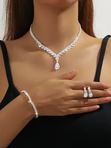 Luxury Crystal Water Drop Necklace Bracelet Earrings Set, Elegant Bridal Wedding Jewelry, High-End Artificial Gemstone Accessories