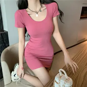 Sexy Fitted Short Dress for Women - Pink Solid Color Waist-Cinching Slimming Mini Dress Casual Summer Wear