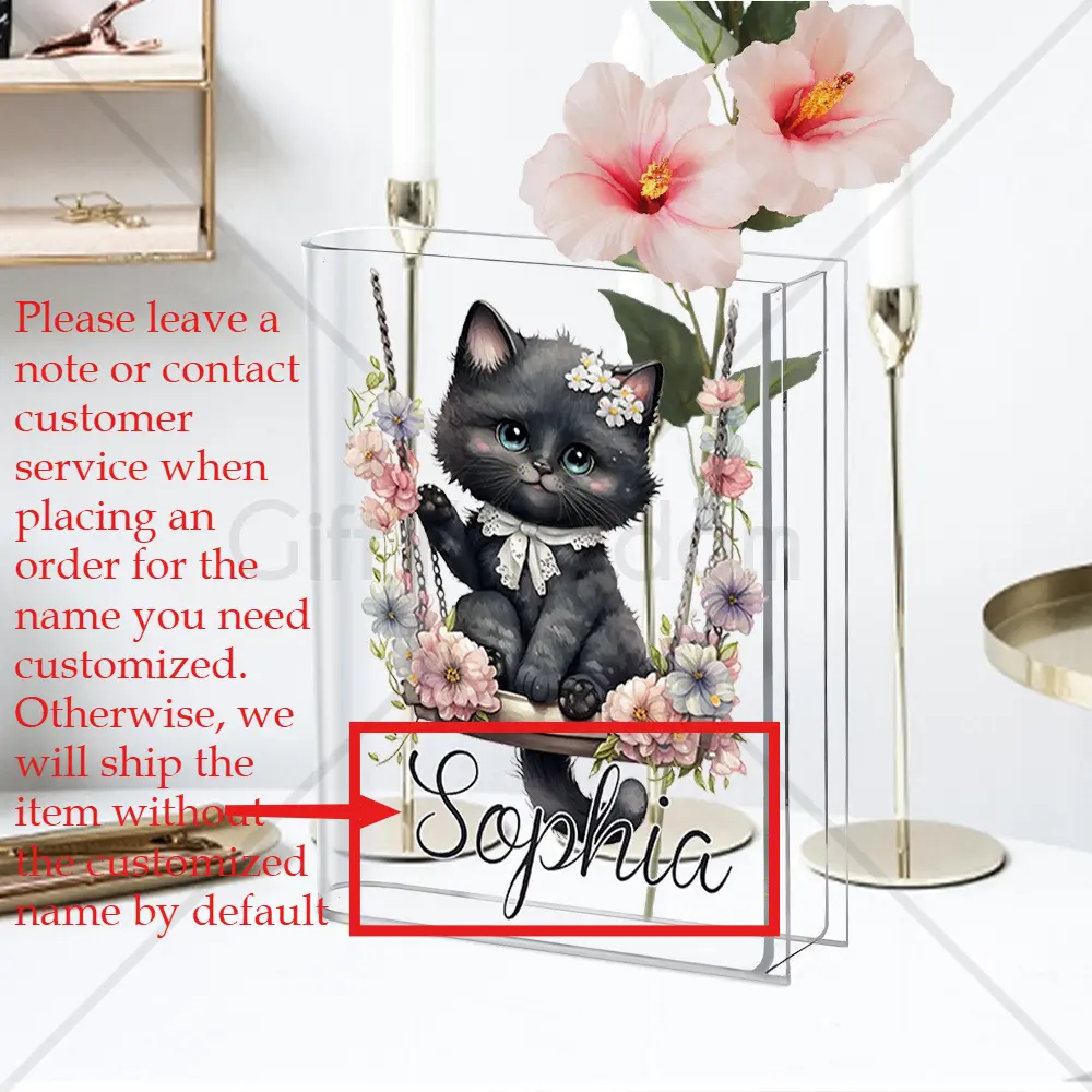 Custom Name Book Vase Acrylic Vase Acrylic Decorative Vase Personalized Black Cat on Swing Pattern Holiday Gift Suitable for Indoor/Outdoor Home Decoration Gift Office Decoration
