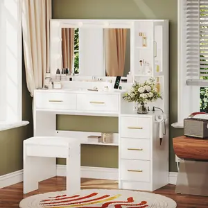 TOKSOM 35.44in Modern Lighted Vanity Table - High-Brightness Stylish Makeup Vanity with Charging Station, 5 Drawers, 1 Dust-Proof Cabinet, Open Storage Shelves, White Drawer-Style Bedroom Dressing Table for Girls, Modern Vanity Table, Lighted Vanity Desk