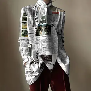 Women's Spring Cotton Turtleneck Blouses Loose Letter Print Stand Collar Tops Casual Fitted High Neck Ladies Wear