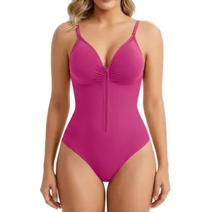 Women's seamless one-piece bodysuit shapewear, Features a low-cut exposed back, V-neck with front zipper. Tummy Control Thong Shapewear