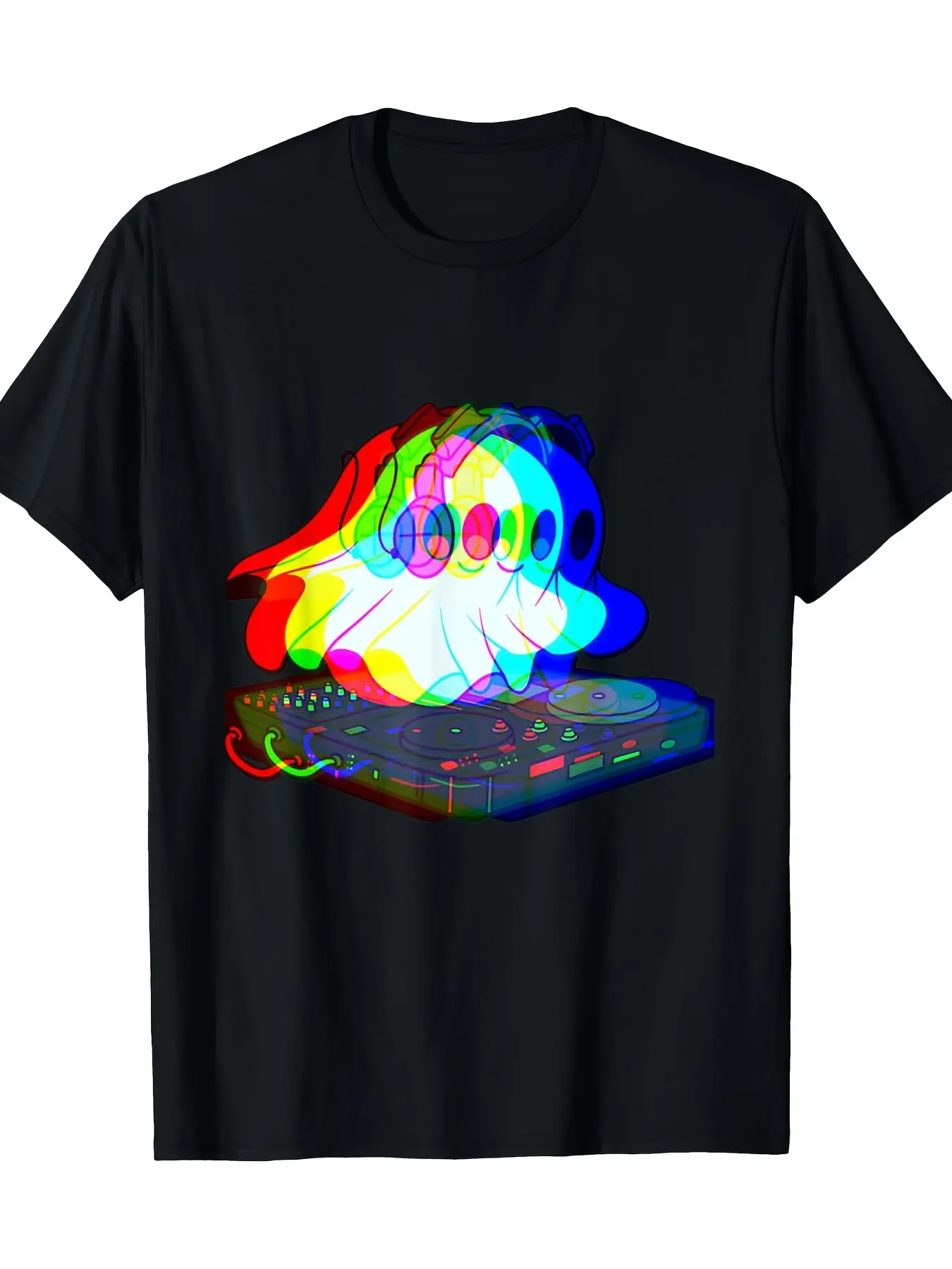 Men'S Neon DJ Graphic T-Shirt - Glowing Techno Music Design with Soundwave & Vinyl Record Print - All-Season Comfort Crew Neck Short Sleeve Tee for Rave Parties, Nightclub Outfits, Casual Wear & Music Events - Machine Washable Black Shirt for Men & Teens,