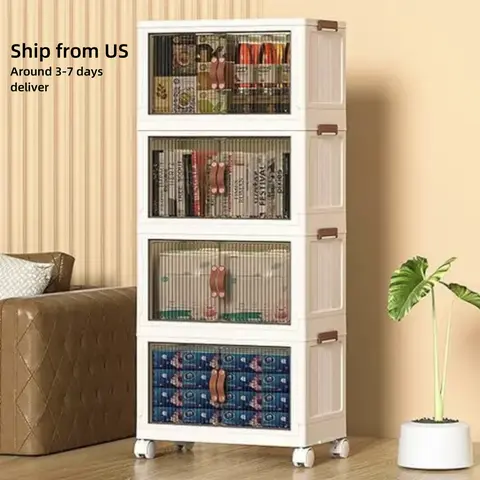 NLDD Stackable Storage Bins with Lid, Foldable Multifunctional Organizer, Folding Storage Box with Doors, Plastic Collapsible Storage Containers Open Front, Used in Living Room,Bedroom,Bathroom