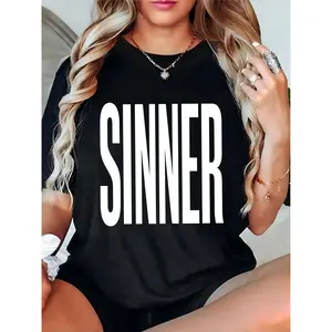 Women's Black 'SINNER' Bold White Letter Print T - Shirt, Halloween Party Casual Streetwear Top for Ladies 100% Cotton T-shirt