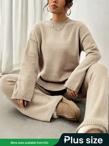【Plus Size】 Two-Piece Set Women's Solid Color Sweater & Pants, Casual Fashion Knitwear Set for Daily Outdoor Wear, 2 Piece Sets Women, Women Knitwear for Fall & Winter