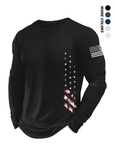 Men's American Flag Print Round Neck Long Sleeve Tee, Regular Fit Casual Crew Neck T-shirt for Fall & Winter, Men's Top for Daily Wear