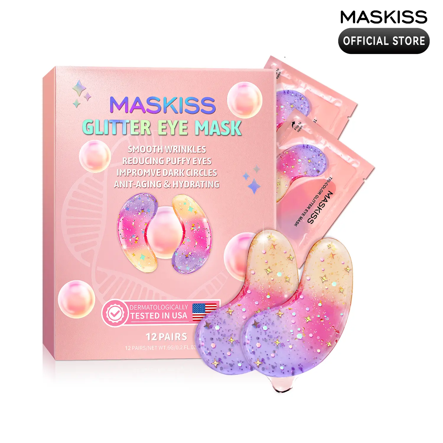 【Auction Exclusive】MASKISS 4-in-1 Tinted Glitter Eye Mask, 12 Pairs, Hydrating Under Eye Patches for Puffiness Relief