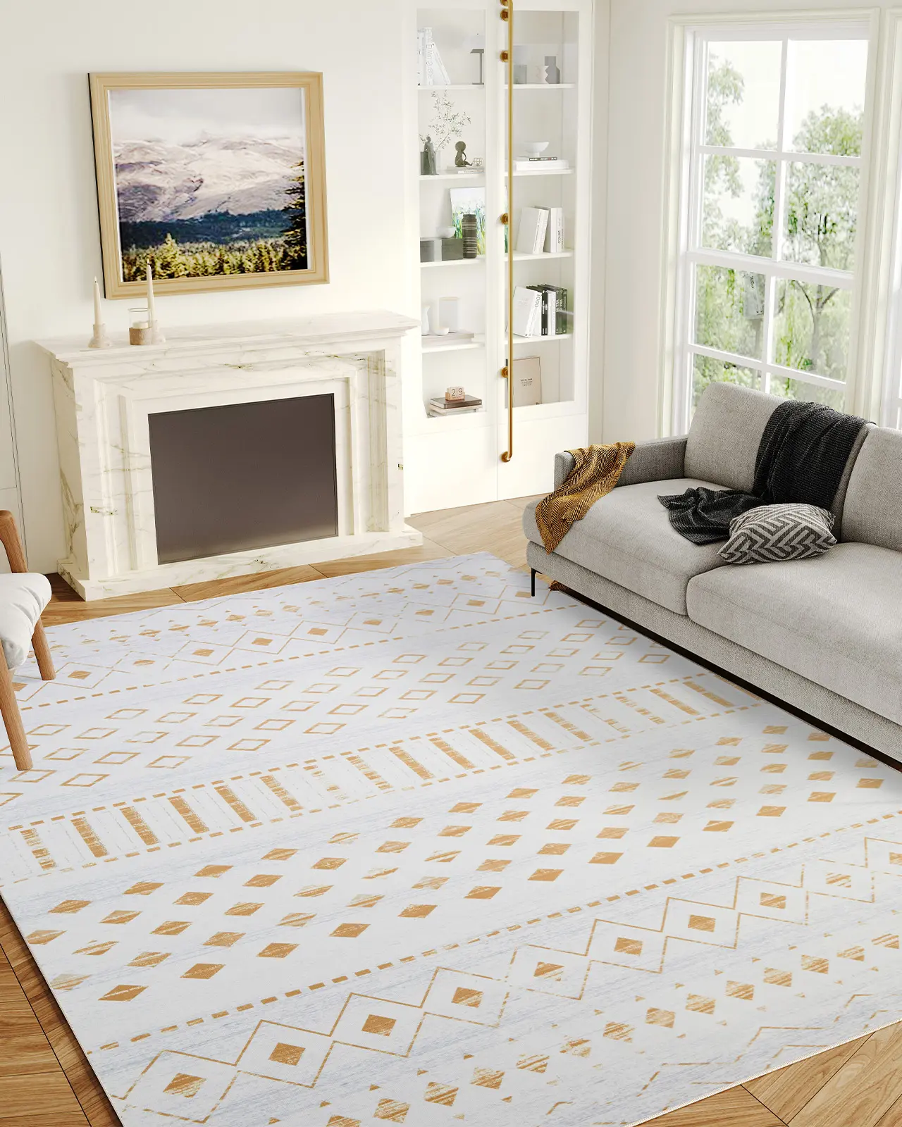 Belffin Moroccan Washable Rugs for Living Room. Ultra Soft 8x10 Large Area Rug for Bedroom. Nonslip Indoor Rug for Home Decor. Gold Rug.