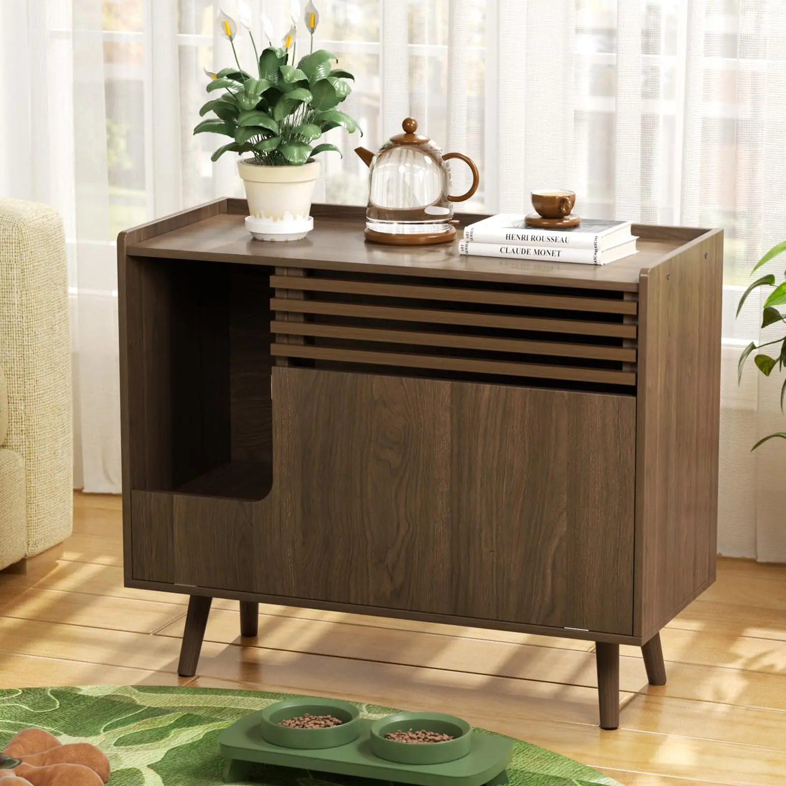 [Summergarden] Vabches Cat Litter Box Enclosure,Mid-Century Modern Hidden Litter Box Furniture with Cat Scratch Pad,Flip-Down Opening Litter Box Cabinet Cat Washroom End Table