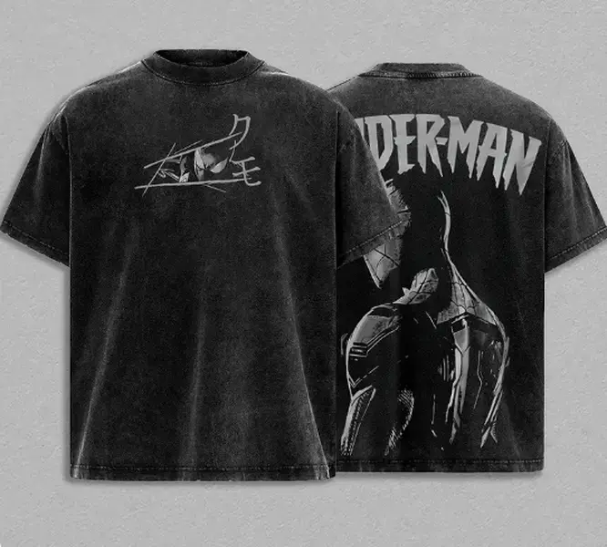 Black Spider Web Hero Washed Graphic T-Shirt, Gray Vintage Spider Inspired Streetwear Tee, Front & Back Comic Graphic Shirt, Gothic Y2K Urban Style Gift for Men Women