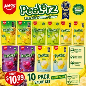 AMOS Peelerz Peelable Gummy Candy Variety Pack, 10 Bags, 5 Fruity Flavors, 2 Bags Each, Real Fruit Juice, Soft Chewy Fun Snacks, 3oz Each