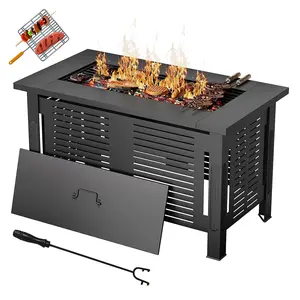 AECOJOY Rectangle Fire Pit Table Metal Outdoor Fireplace with Waterproof Cover 3 in 1 Firepits for Outside Gatherings Durable Material Safe Easy Assembly - Patio