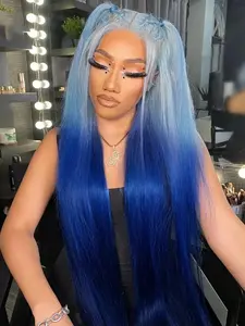 28 Inch Ombre Blue Long Straight Wigs for Women, Gorgeous Fluffy Wigs without Bangs, Glueless Synthetic Fiber Wig, Synthetic Lace Front Wigs for Party, Daily Use