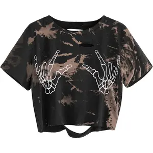 Women's Edgy Distressed Skeleton Fingerprint Print Short-Sleeve Fitted Round Neck Cotton T-Shirt - Casual Streetwear Summer Top, Shortsleeve Tshirt,summerwins,summeroutfits,vacationoutfits,beachoutfits