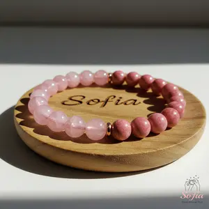 Sofia Natural Rose Quartz Rhodonite Stone Bracelet 8mm Pink Healing Crystal Stretch Handmade Boho Style for Daily Use Gift for Her Him