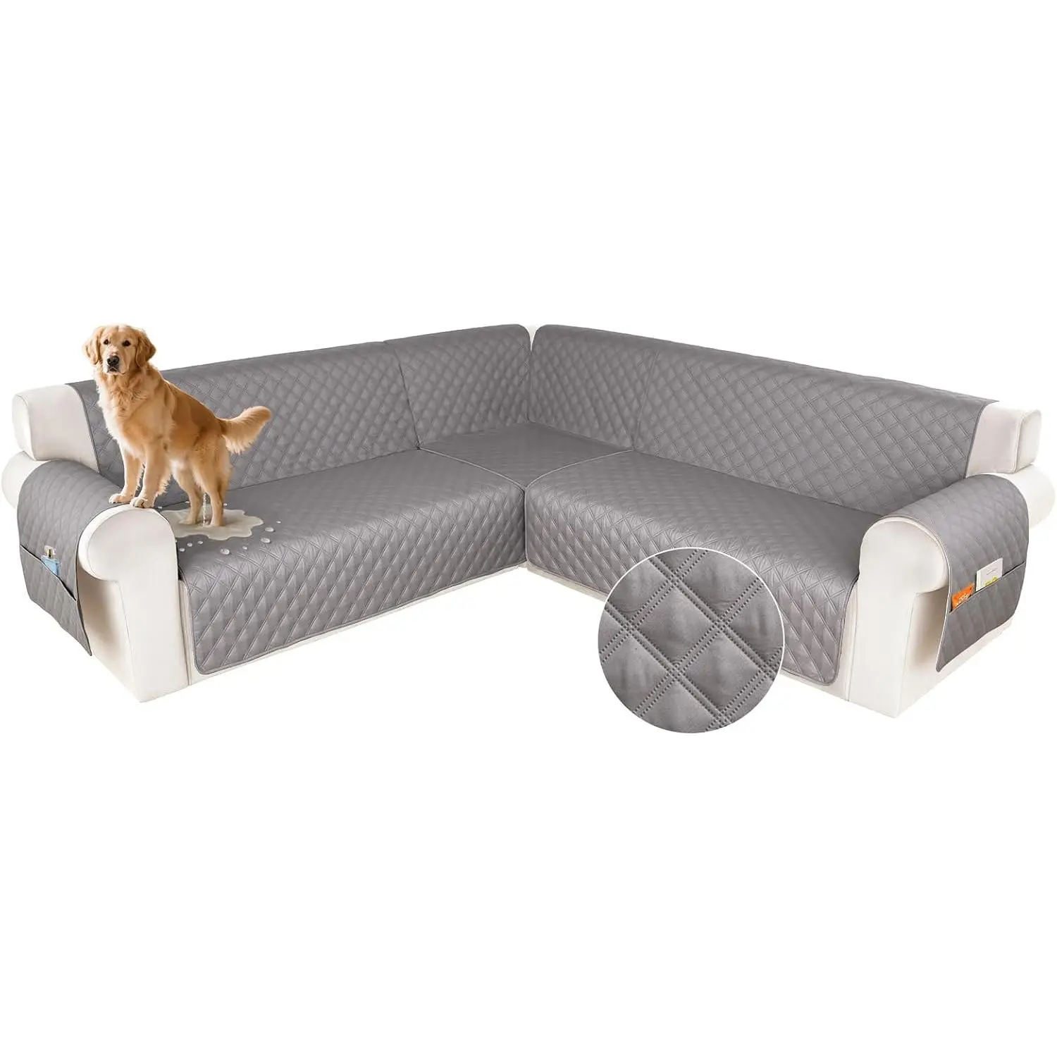 HDCAXKJ Large Silver Grey Waterproof Washable Cloth Sofa Cover - Anti-Slip Strips L/U-Shaped Sectional Sofa Slipcover, Dog-Pet Furniture Protector