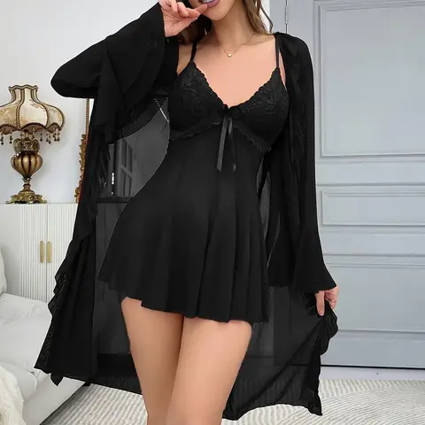 Women's Plus Size 2-Piece Plain Lace Bodysuit Nightgown Set - Long Sleeve, Sexy Lace Detail, Feminine Romance Design, Underwear for Women, Night Dress, Comfortable Bedroom Loungewear, Gift for Wife