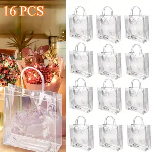 16 Pcs Clear Gift Bags with Handles, 7.9" x 7.9" x 3.2" Small Reusable Plastic Party Favor Bags Bulk, Transparent PVC Tote Bag for Wedding, Birthday, Bachelorette, Boutique