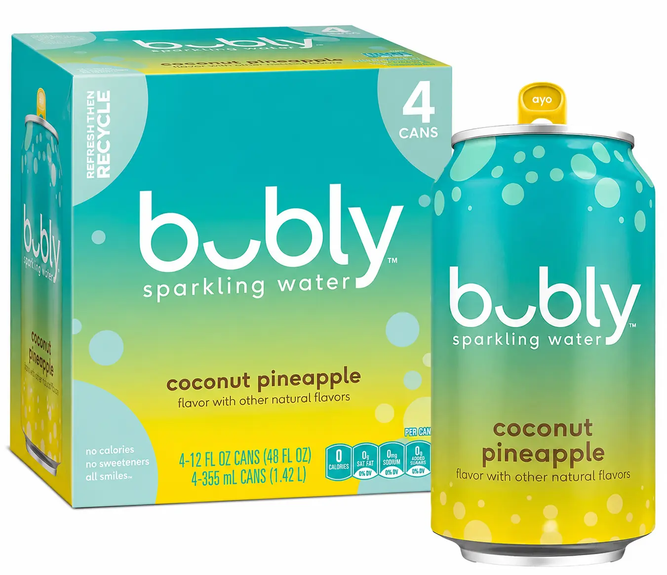 Summer Coconut Pineapple Sparkling Water Beverage, 12 fl oz Cans, 4-Pack - Refreshing Tropical Flavored Carbonated Drink, 0 Sugar