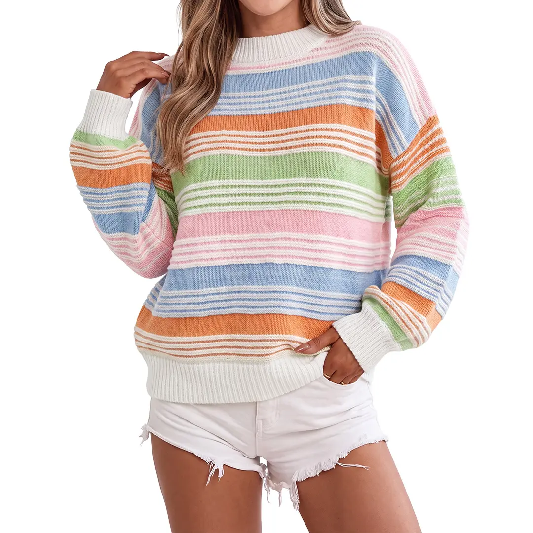 Shewin Pullover Sweater for Women, Casual Striped Pure Cotton Knit, Loose Fit Hip-Length Tunic with Drop Shoulders and Ribbed Cuffs, Cold Wash, Stretch Fabric,clothes for back to school,first day of school outfits