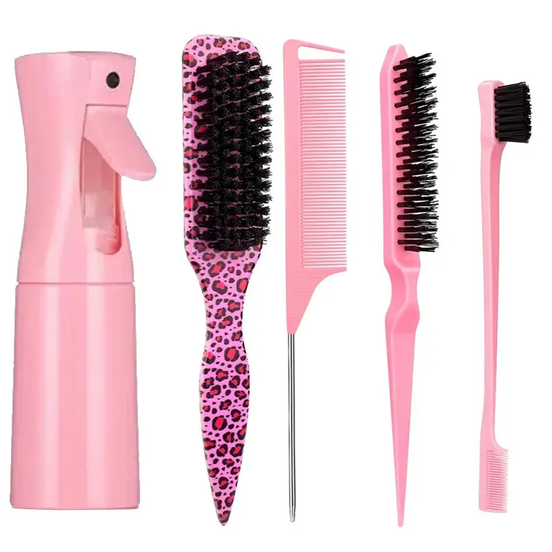 5-Piece Leopard Hair Styling Comb Set with Spray Bottle, Unisex