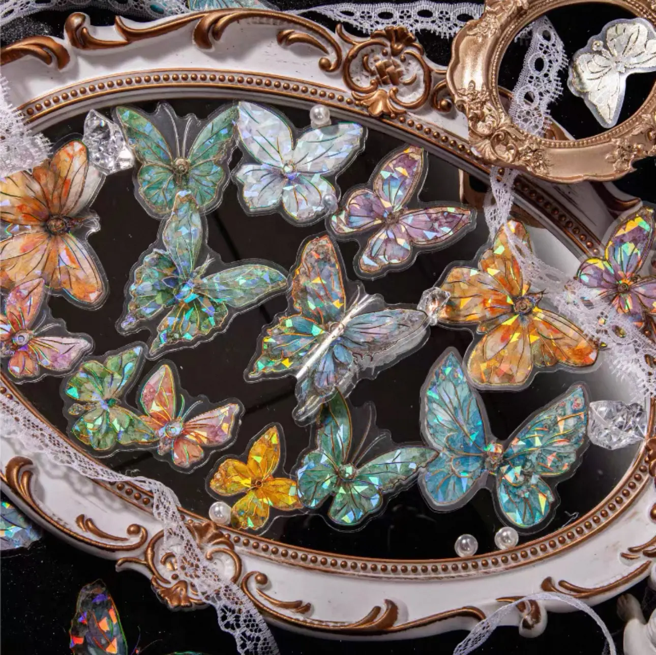 Gold Foil Butterfly Stickers - 3D Holographic  – Glass Crystal PET Butterflies for DIY Journals, Scrapbooking, iPad & Laptop Decoration (10 Sheets Pack)