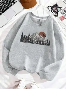 Women's Forest Mountain Eagle Print Knit Sweatshirt, Casual Everyday Fall Long Sleeve Pullover, Fitted Graphic Top, Fashionable Autumn Clothing