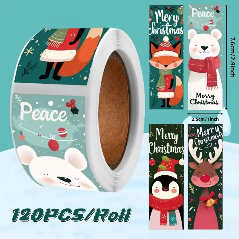 120 Christmas Stickers Roll, Santa Polar Bear Design, Festive Colors, Paper Material, Ideal for Gifts, Cards, Decorations, Holiday Crafts