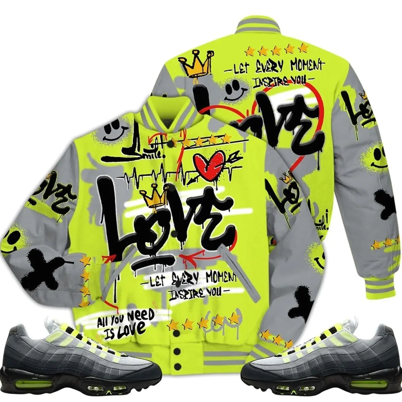 Max 95 OG Big Bubble Neon Outfits Varsity Jacket, Happy Love Beats Graffiti Streetwear Unisex Sneaker Matching Shirts