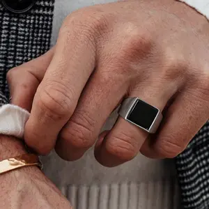 Ring for Men, Stainless Steel Square Signet Ring, Black Enamel Men's Pinky Rings,Gents Jewelry
