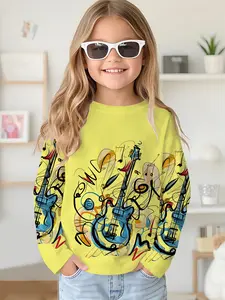 Artistic Guitar Graffiti Yellow Digital Print Long-sleeve Crewneck Drop-shoulder Sweatshirt Top T-shirt, Long-sleeve T-shirt for Girls in Spring and Autumn, 100% Polyester, The Best Gift for Girls